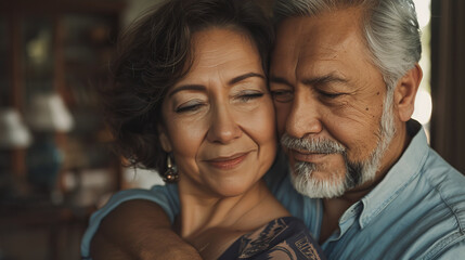 Portrait of a mature Latin South American beautiful couple in love , with old latino hispanic man and senior latina woman closeup view showing details of their face