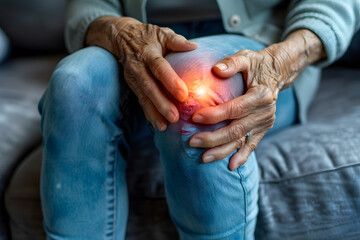 a photo of a man sitting on a couch and holding his knee he is having knee pain the skin on the knee is a light red