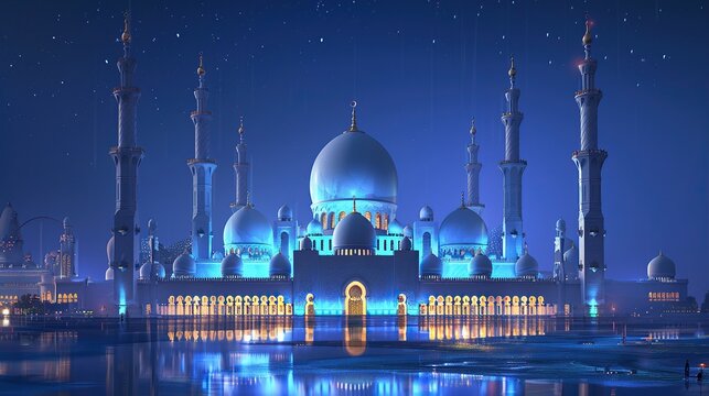 The image shows a night view of the Sheikh Zayed Grand Mosque in Abu Dhabi, United Arab Emirates. The mosque is lit up and reflecting in the water with a blue sky in the background.

