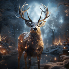 Deer in winter forest with snow and lights. 3d render