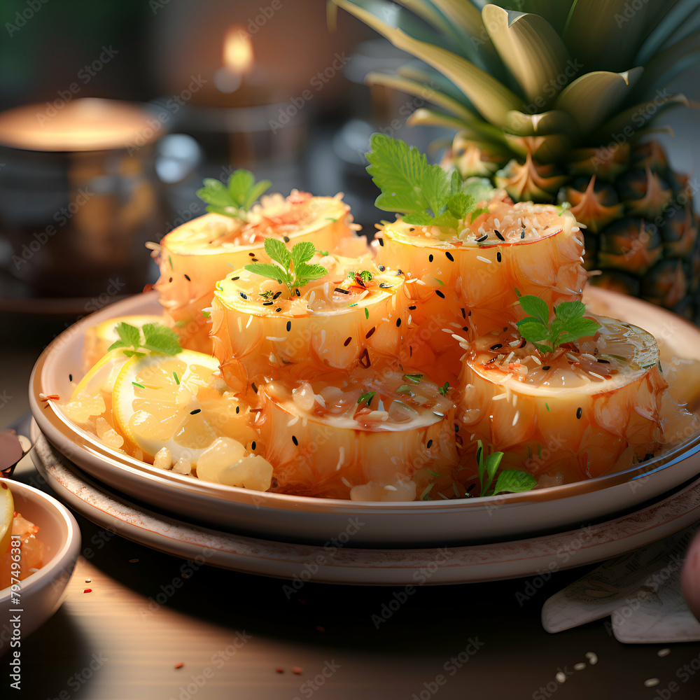 Canvas Prints appetizer of prawns with lemon and pineapples
