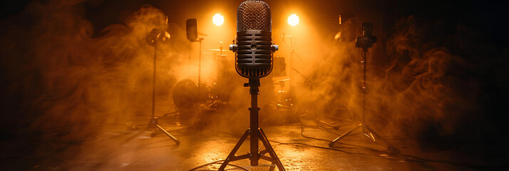 A mic on the stage in spotlights copy space,
Studio microphone in recording room