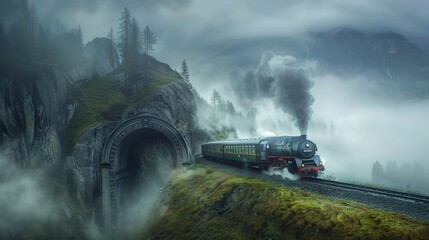 A train emerging from a tunnel into a foggy landscape
