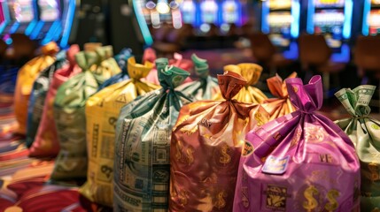 Row of Bags of Money on Table