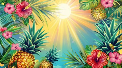 Fototapeta premium Pineapples and Flowers With Sun Background