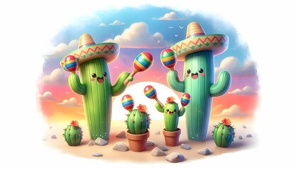 3D Cartoon Chibi Style: Cartoon Cacti Playing Maracas Against a Watercolor Sunset in Isometric Scene - Ideal for Cinco de Mayo Promotions