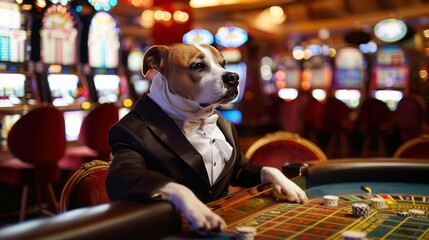 Dog in a Tuxedo Sitting at a Casino Table