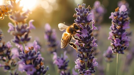 A field of lavender in full bloom, with bees buzzing around the fragrant flowers, creating a lively...