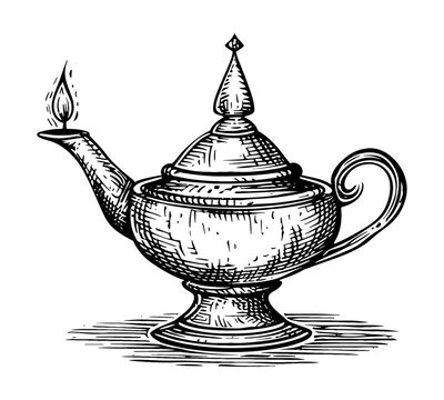 recommend clip art: genie lamp engraving black and white outline