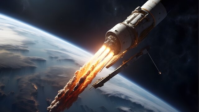 A spacecraft launches into the immensity of space, its flames blazing.
