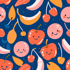 Smiling Cartoon Fruits Pattern with Bananas, Cherries, and Apples