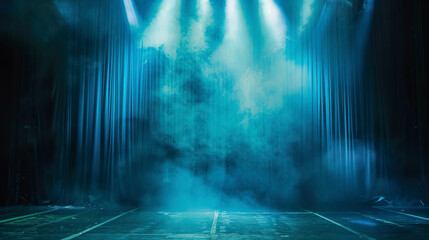 Theater stage with blue curtain, smoke and spotlights.