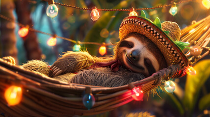 Fototapeta premium A photorealistic close-up of a sloth wearing a sombrero, napping in a hammock strung with realistic colorful lights