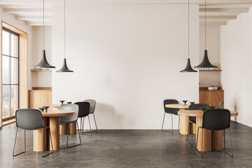 Beige cafe interior with dining and cooking zone with window. Mock up wall