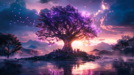 A magical tree of life with glowing leaves standing on the edge of an enchanted lake - obrazy, fototapety, plakaty