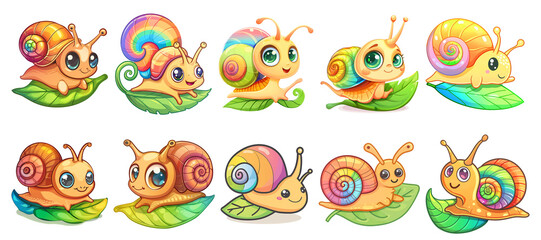Obraz premium Cute snail on leaf, illustration Clipart Bundle, isolated, png, generated ai