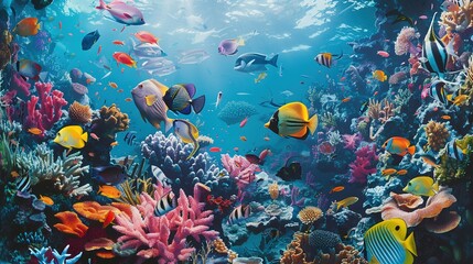 A vivid portrayal of a diverse array of fish feeding on a coral reef
