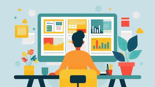 Grid System: A vector illustration of a designer using a grid system to organize content in a poster layout