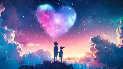 Silhouettes of two children contemplating a big heart shape on the nght sky. Universe loves us concept.