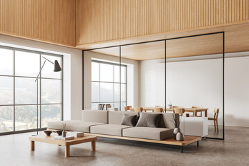 Modern home living room interior with couch and dinner table, panoramic window