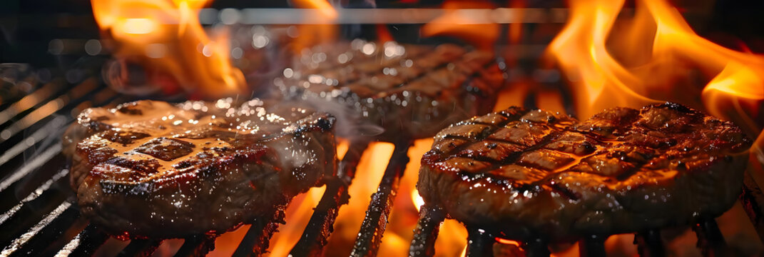 Steaks sizzling on grill amid flames