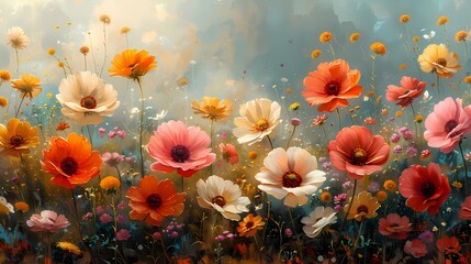 A field of wildflowers in a countryside setting, their diverse shapes and colors painting a picturesque scene