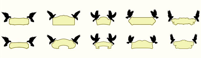 silhouette bird and emblem or label, banner, vintage. birds carry Victorian Ornamental label frames. Old ornate emblem, decorative sticker and retro badge.