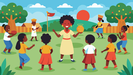 Fototapeta premium A schoolyard filled with students playing traditional games from African and American cultures while learning about the traditions and origins of. Vector illustration