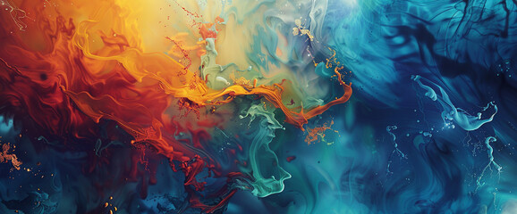 Amber and cyan dance in a playful embrace, painting the canvas of existence with a vibrant symphony of liquid color in high-definition brilliance. - obrazy, fototapety, plakaty