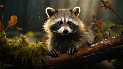 A highly detailed and lifelike portrait of a curious and playful raccoon in its natural habitat