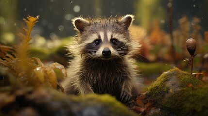A portrait highly detailed and lifelike portrait of a curious and playful raccoon in its natural...