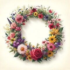 Obraz premium Watercolor painting of a colorful flowers wreath