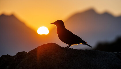 sunset in the mountains with silhouette of a bird - obrazy, fototapety, plakaty