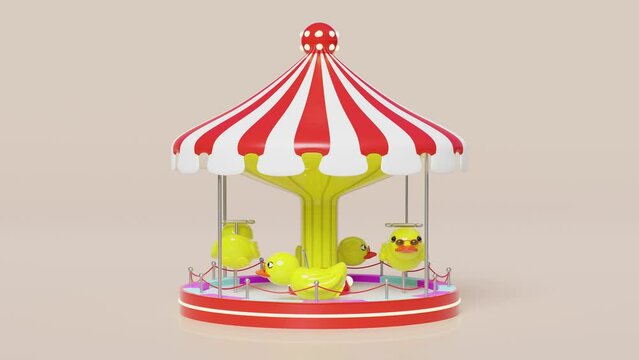 Carousel or merry go round with yellow duck, sunglasses isolated on pink background. 3d render illustration, alpha channel