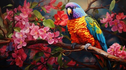 a picture realistic painting of a group of colorful parrots perched on a tropical tree branch, AI Generative