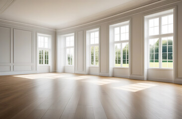 empty apartment in a classic style with white walls and large windows