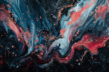 A vivid cascade of coral marble ink dances across the abstract canvas, illuminated by shimmering glitters, against a backdrop of ethereal darkness.
