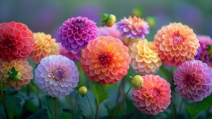 A garden filled with vibrant dahlias, their large and intricate blooms showcasing a wide range of colors and shapes
