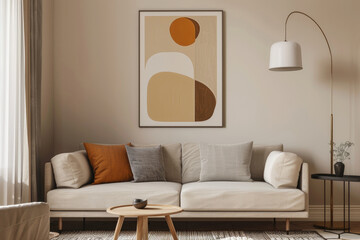 Modern minimalist Scandinavian living room with comfortable sofa, pillows, lamp on the left side of the sofa and an interesting abstract poster on the wall