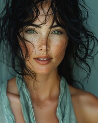 Photograph beautiful woman with green eyes, tangled black hairs