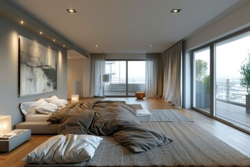 Cozy room interior with comfortable bed. Modern house design