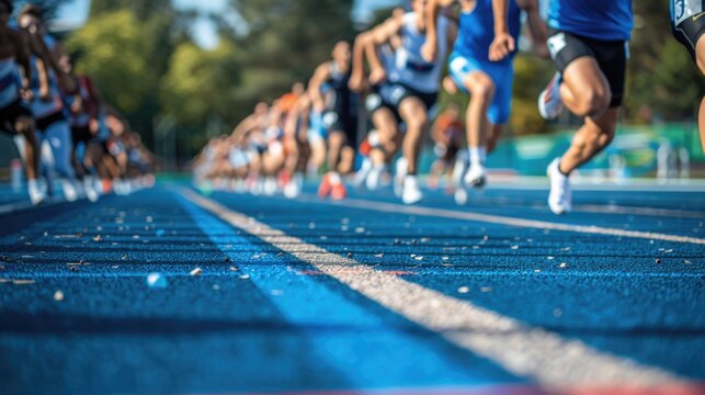 A varied group of college students sprinting and jogging on a track during a sports event