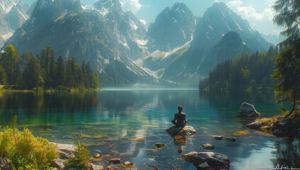 Man perched on rock in lake amid mountainous landscape