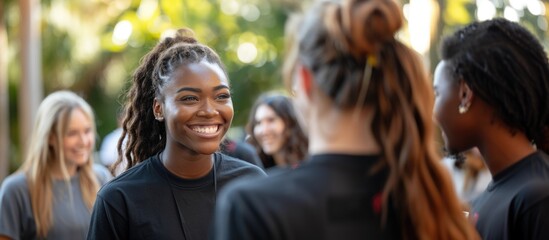 Fototapeta premium A diverse group of college students, all young women, standing next to each other at an educational event
