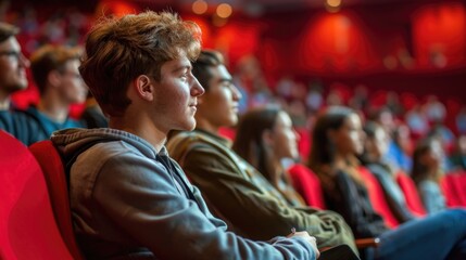 A diverse group of students sitting in an auditorium, attentively listening to a presentation during an educational conference