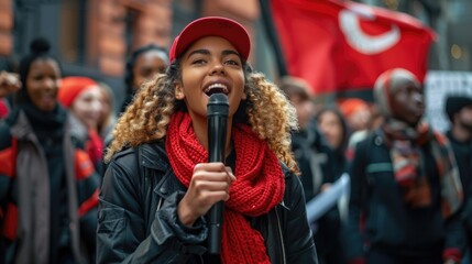 A woman stands in front of a crowd of people, holding a microphone and speaking passionately