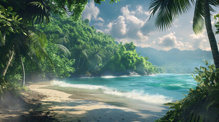 Tropical Beach Cove with Sunlit Palms and Misty Mountains