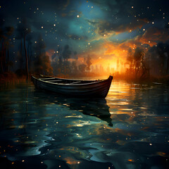 Fantasy landscape with a boat on the lake.  illustration.