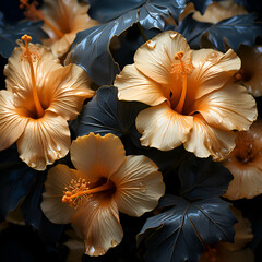 Beautiful yellow hibiscus flowers on a black background.