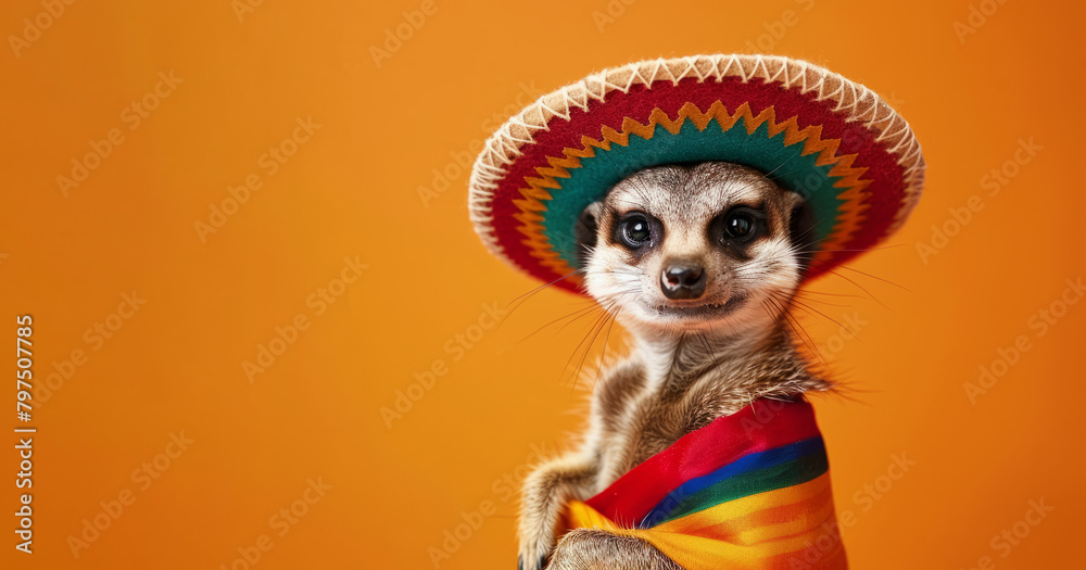 Poster Portrait of a meerkat wearing a traditional mexican sombrero hat for a mexican celebration